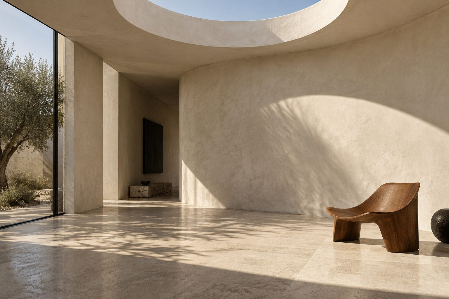 원형 천창과 햇빛이 들어오는 조용한 실내